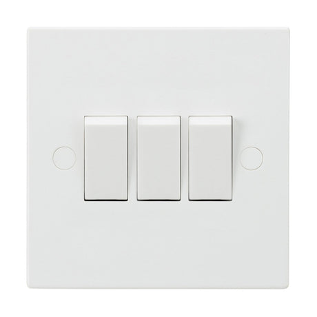 The 10AX 3 Gang 2-Way Switch features a white wall-mounted panel with three rectangular toggle switches and boasts a sleek Square Edge plate.