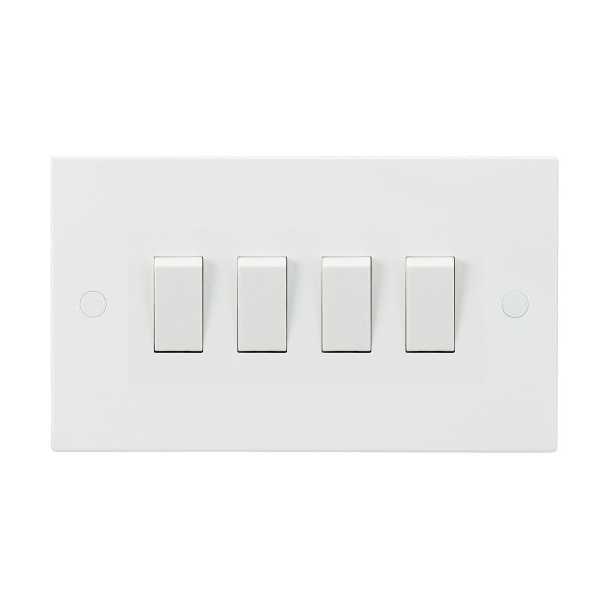 Image of a 10AX 4 Gang 2-Way Switch with a square edge design, featuring four rectangular switches in a horizontal row. Made from thermoset resin, this wall-mounted panel offers a minimalist look and an anti-microbial finish for clean surfaces along with its sleek, modern aesthetic.