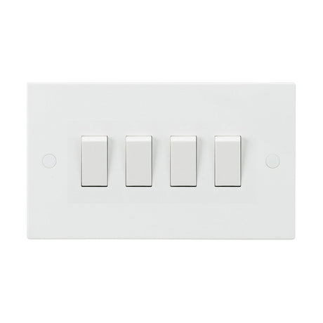 Image of a 10AX 4 Gang 2-Way Switch with a square edge design, featuring four rectangular switches in a horizontal row. Made from thermoset resin, this wall-mounted panel offers a minimalist look and an anti-microbial finish for clean surfaces along with its sleek, modern aesthetic.