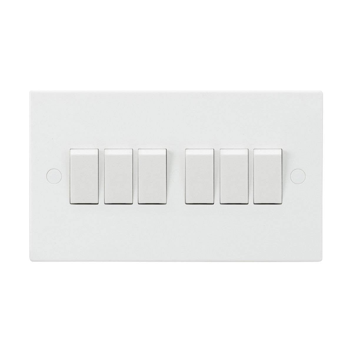 A 10AX 6 Gang 2-Way Switch with a square edge plate, featuring six anti-microbial switches arranged horizontally against a pristine white background.