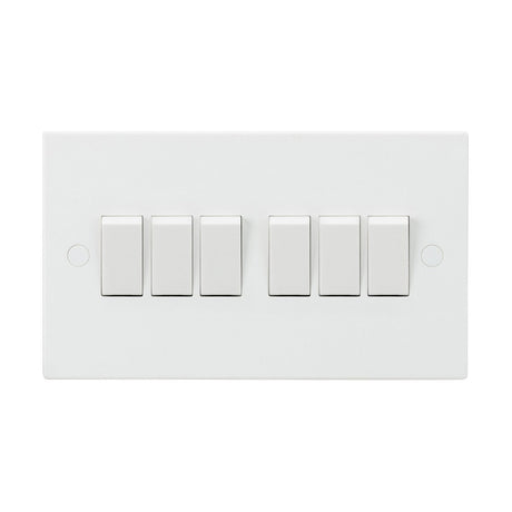 A 10AX 6 Gang 2-Way Switch with a square edge plate, featuring six anti-microbial switches arranged horizontally against a pristine white background.