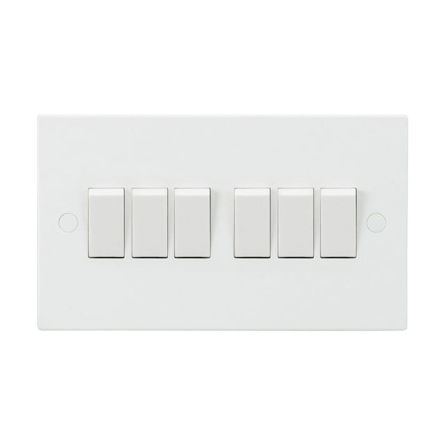 A 10AX 6 Gang 2-Way Switch with a square edge plate, featuring six anti-microbial switches arranged horizontally against a pristine white background.