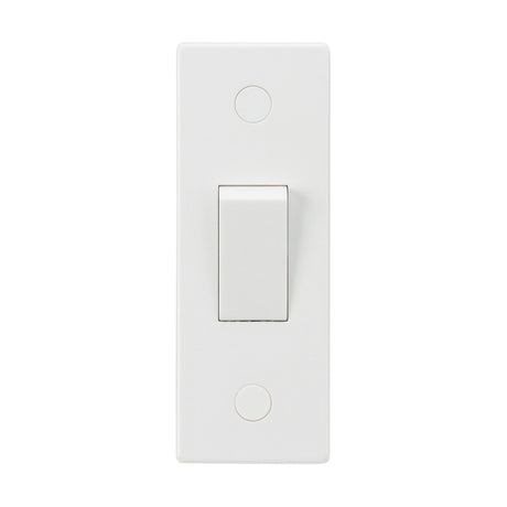 A white, rectangular 10AX 1 Gang 2-Way Architrave Switch showcases a Square Edge plate on a plain white background, with the central toggle flipped to the off position.