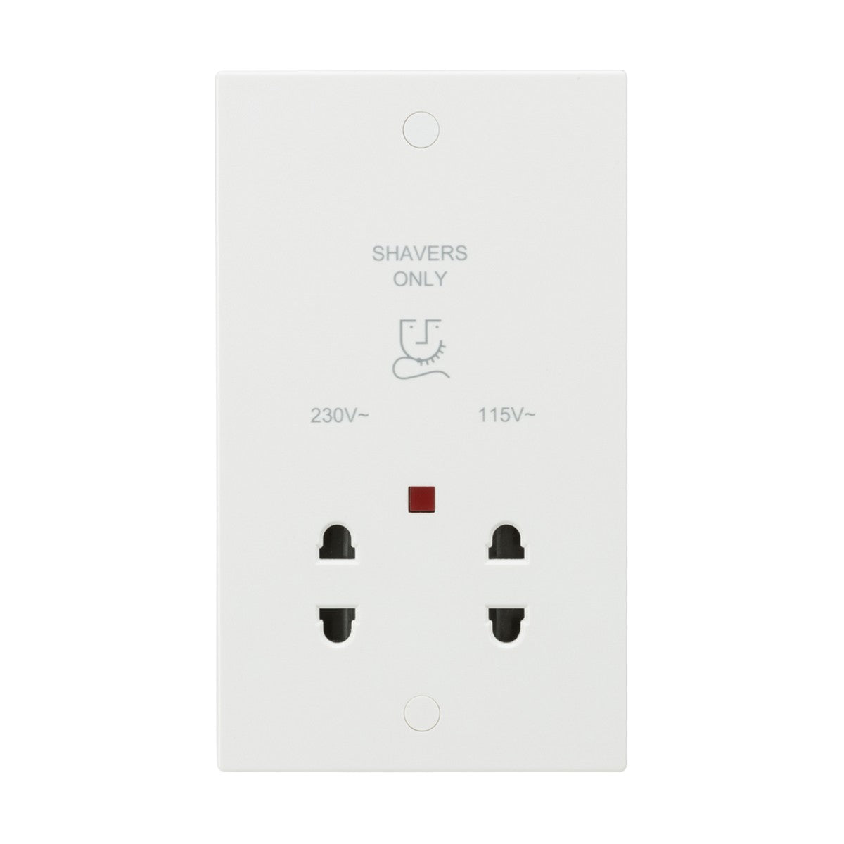 The 115/Dual Voltage Shaver Socket Neon (Black Insert, Square Edge) features dual voltage sockets for 230V and 115V with a white Shavers Only label and a small red indicator light between the sockets.