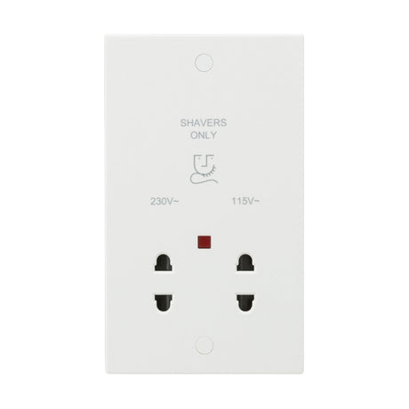 The 115/Dual Voltage Shaver Socket Neon (Black Insert, Square Edge) features dual voltage sockets for 230V and 115V with a white Shavers Only label and a small red indicator light between the sockets.