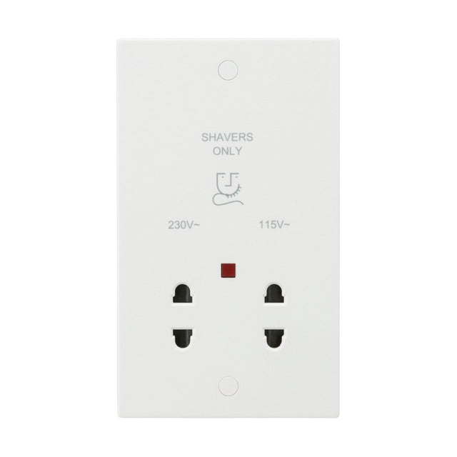 The 115/Dual Voltage Shaver Socket Neon (Black Insert, Square Edge) features dual voltage sockets for 230V and 115V with a white Shavers Only label and a small red indicator light between the sockets.