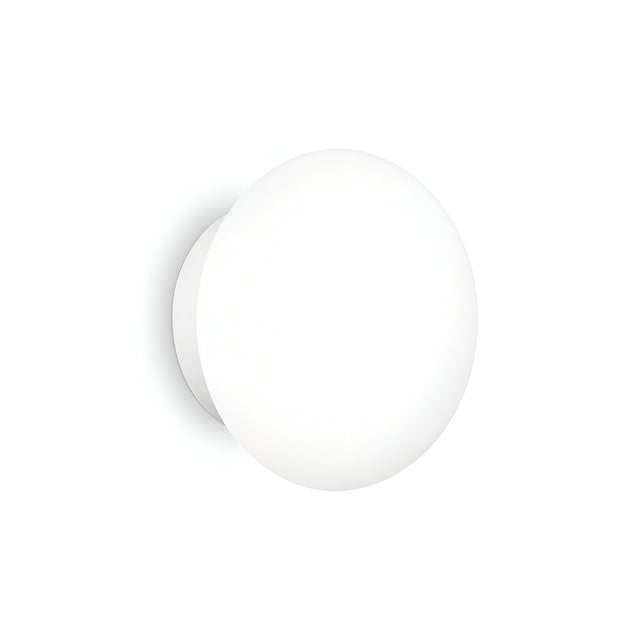 The Serene 2 Light Outdoor Wall Light in white features a minimalist spherical design with a smooth surface, mounted on a flat white background. This outdoor wall light emits a soft glow, offering a modern and simplistic aesthetic while providing enduring style with its weather-resistant properties.