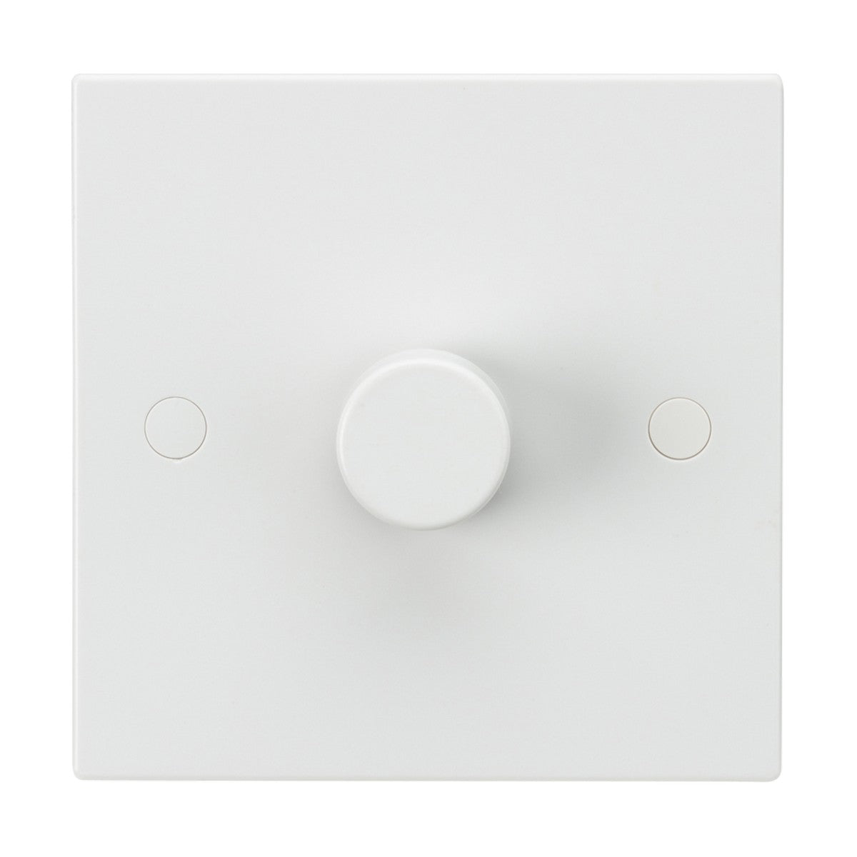 Featuring a design that includes a central circular knob surrounded by two smaller circles, the 1 Gang 2-Way 40-400W (3-100W LED) Leading Edge Dimmer (Square Edge) is mounted on a square wall plate. This white dimmer switch is crafted from thermoset resin and features anti-microbial properties for improved safety and hygiene.