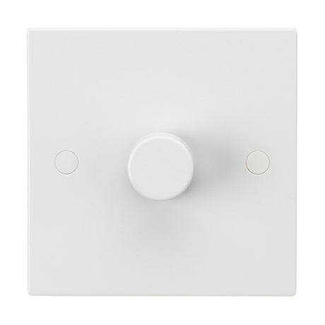 Featuring a design that includes a central circular knob surrounded by two smaller circles, the 1 Gang 2-Way 40-400W (3-100W LED) Leading Edge Dimmer (Square Edge) is mounted on a square wall plate. This white dimmer switch is crafted from thermoset resin and features anti-microbial properties for improved safety and hygiene.