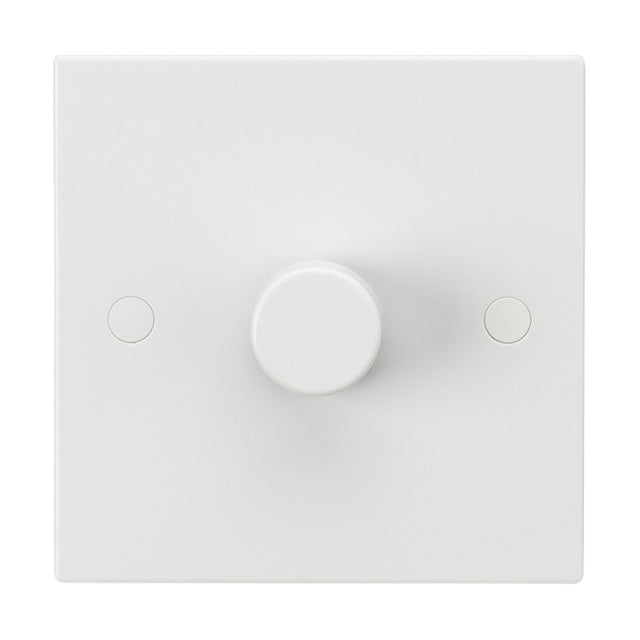 Featuring a design that includes a central circular knob surrounded by two smaller circles, the 1 Gang 2-Way 40-400W (3-100W LED) Leading Edge Dimmer (Square Edge) is mounted on a square wall plate. This white dimmer switch is crafted from thermoset resin and features anti-microbial properties for improved safety and hygiene.