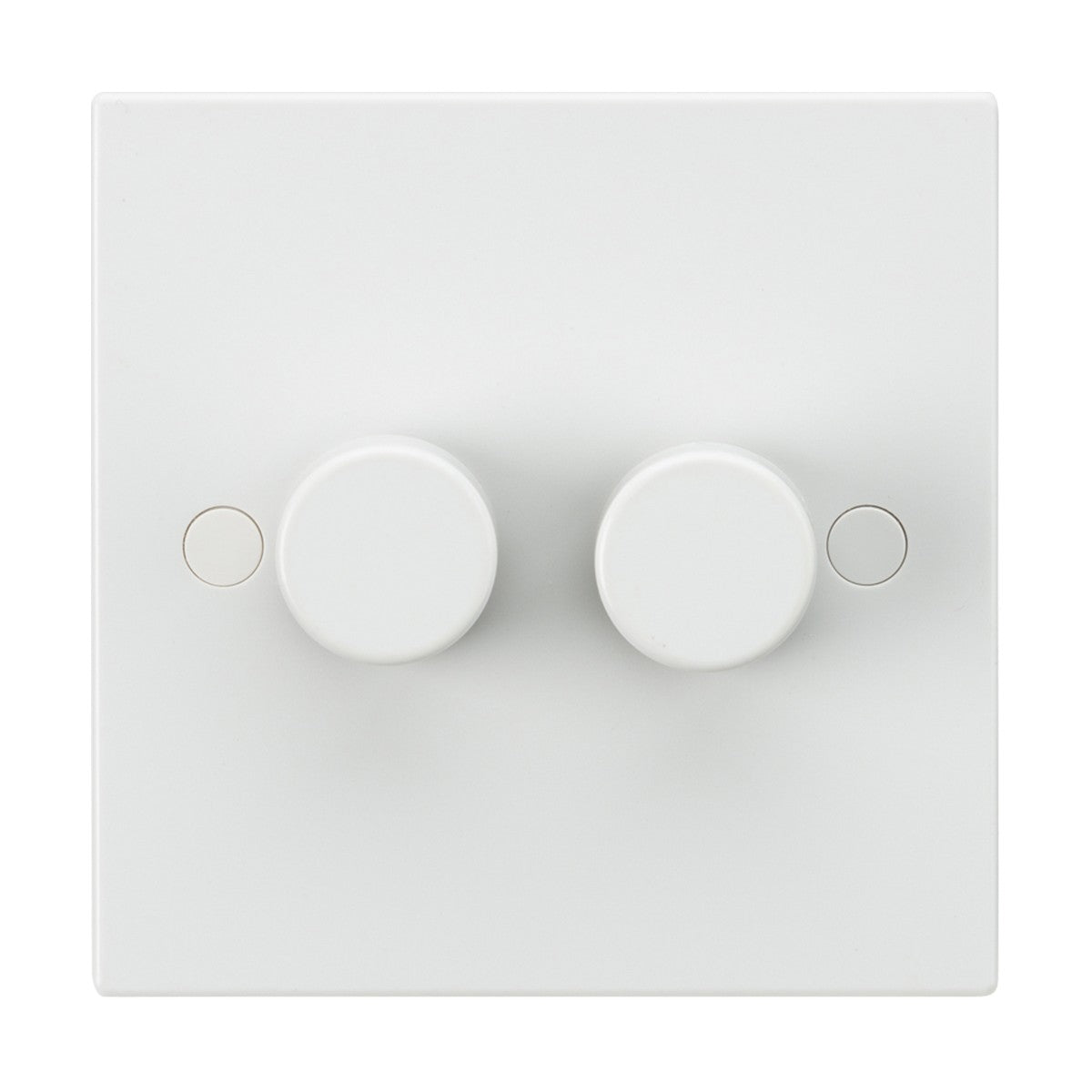 A 2 Gang 2-Way Leading Edge Dimmer, featuring two round knobs and a white square edge design for use with incandescent lamps, set against a plain background.