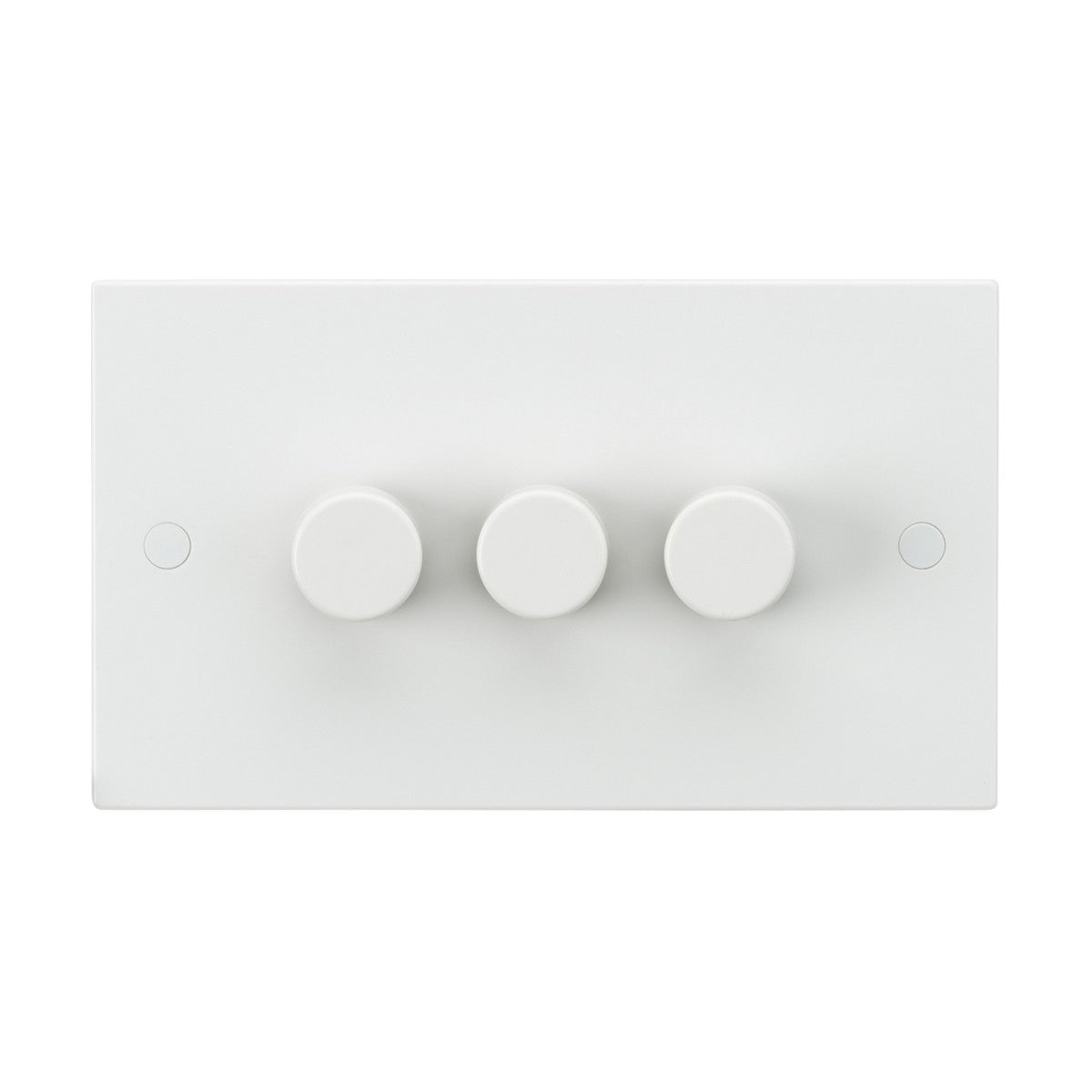 A 3 Gang 2-Way Leading Edge Dimmer with three round knobs, designed for 40-400W or 3-100W LED lights, set against a clean, white backdrop.