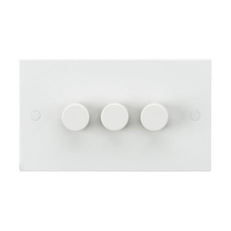 A 3 Gang 2-Way Leading Edge Dimmer with three round knobs, designed for 40-400W or 3-100W LED lights, set against a clean, white backdrop.