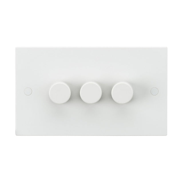 A 3 Gang 2-Way Leading Edge Dimmer with three round knobs, designed for 40-400W or 3-100W LED lights, set against a clean, white backdrop.