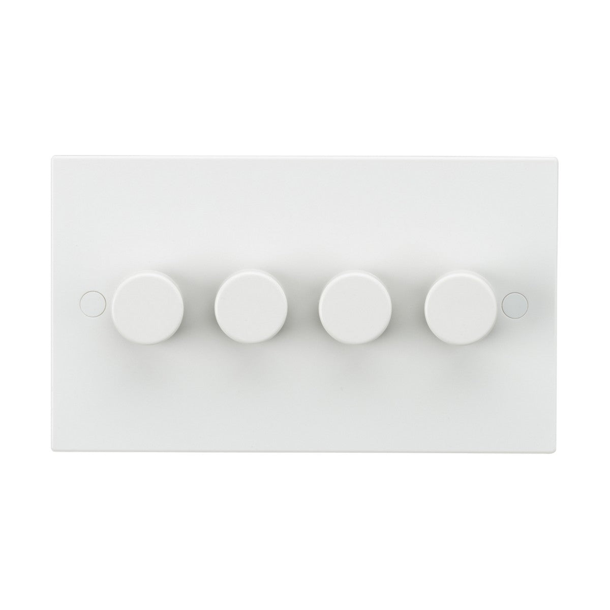 The 4 Gang 2-Way 40-400W (3-100W LED) Leading Edge Dimmer (Square Edge) is a white rectangular panel featuring four evenly spaced round knobs in the center, crafted from thermoset resin. This minimalist design includes anti-microbial properties, making it ideal for use as a light control or similar function in modern interiors.