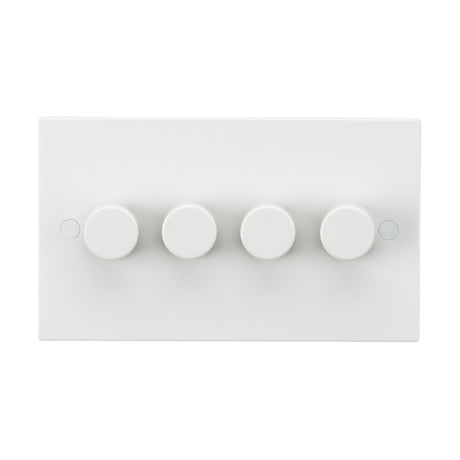 The 4 Gang 2-Way 40-400W (3-100W LED) Leading Edge Dimmer (Square Edge) is a white rectangular panel featuring four evenly spaced round knobs in the center, crafted from thermoset resin. This minimalist design includes anti-microbial properties, making it ideal for use as a light control or similar function in modern interiors.