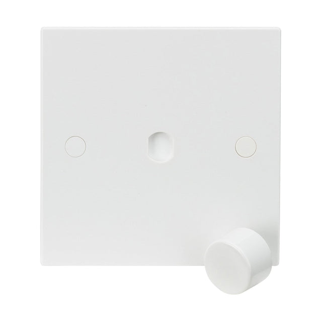 The 1 Gang Dimmer Plate With Matching Dimmer Cap (Square Edge) by Knightsbridge showcases a Square Edge plate with a white finish and features anti-microbial properties. Its design includes a round, protruding knob located at the bottom right, two small screw holes on the faceplate that are not visible, and a center hole for the mechanism of the knob.