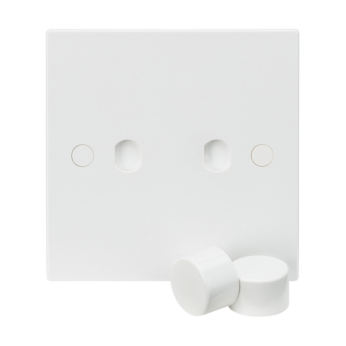 The 2 Gang Dimmer Plate with 2 Matching Dimmer Caps in a Square Edge design features one dimmer cap partially detached and leaning against the plate. Its minimalist appearance is complemented by a smooth finish, and the anti-microbial surface ensures enhanced cleanliness.