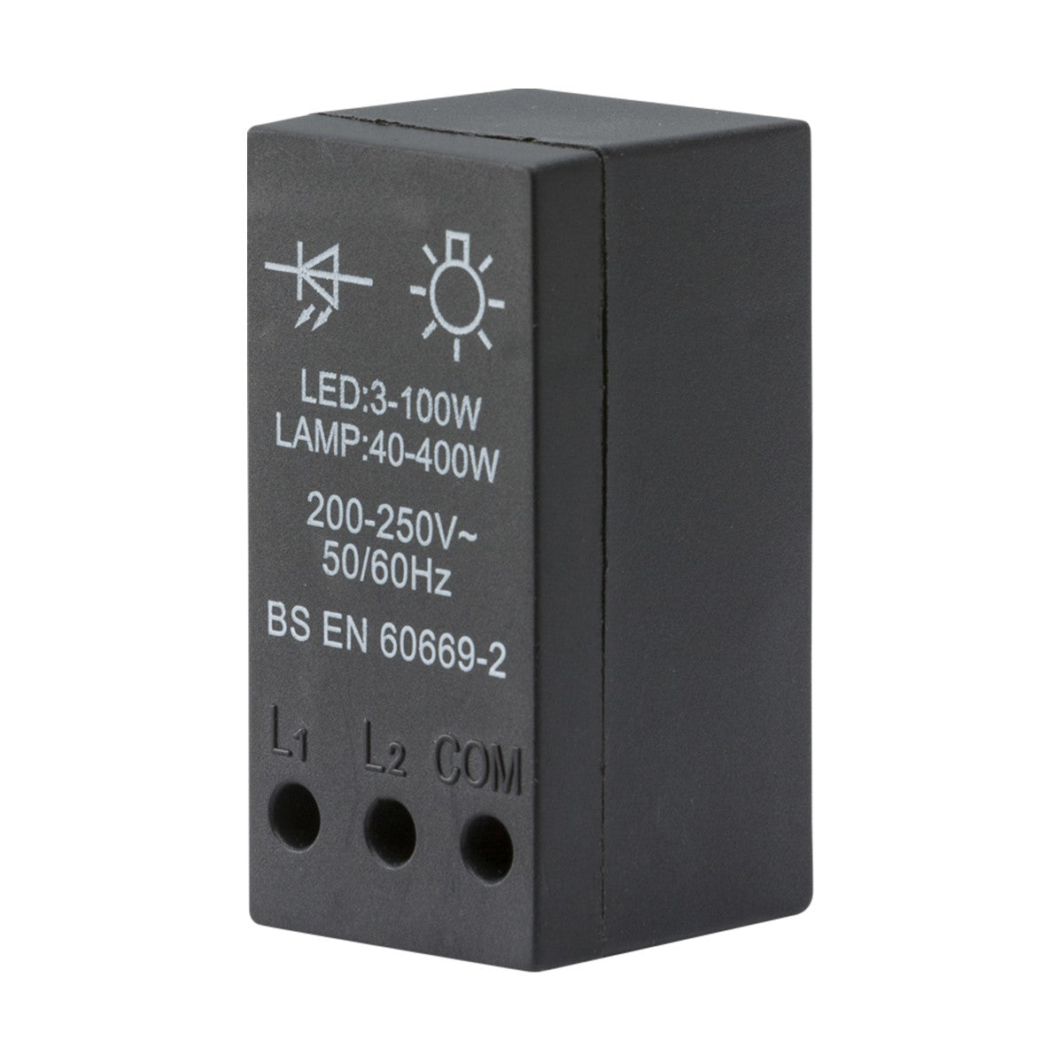 The 40-400W (3-100W LED) Leading Edge Dimmer Module is a black rectangular relay switch with white text, designed for use with 200-250V, 50/60Hz systems. It is suitable for dimming applications ranging from 3-100W LEDs to lamps at 40-400W. The module complies with BS EN 60669-2 standards and has an IP20 rating, featuring three connection ports labeled L1, L2, and COM.