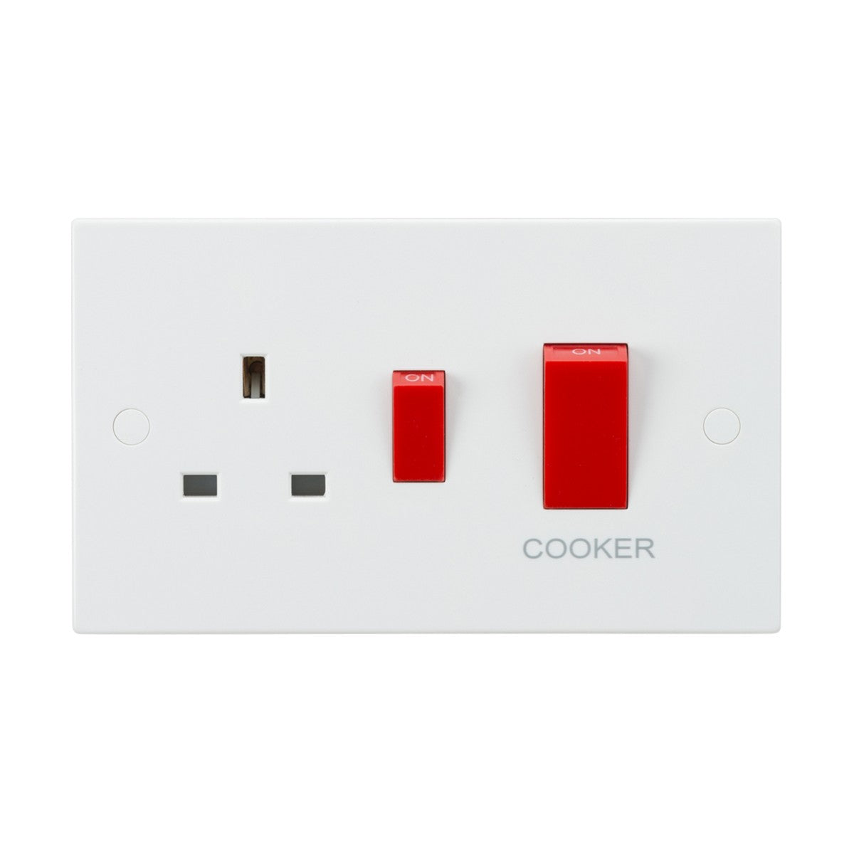 The 45A DP Switch & 13A Socket, featuring red rockers, is a white cooker switch plate made from thermoset resin. It includes one British power outlet and two red switches labeled ON. Additionally, it incorporates anti-microbial properties and has the word COOKER printed in grey beneath the switches.