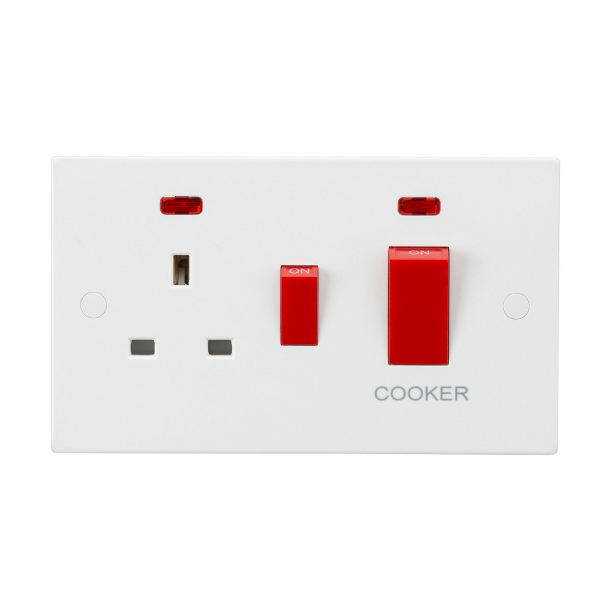 A white 45A DP switch and 13A socket features two red rockers labeled ON, complete with neon indicators. The word COOKER is elegantly displayed on the panel in gray for clarity.