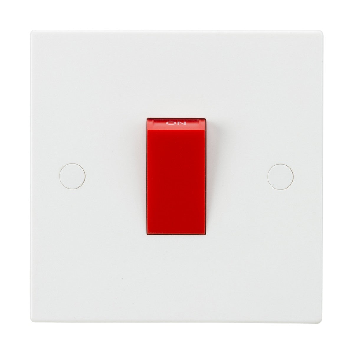 The 45A DP Switch (1 Gang Size) features a striking red rocker switch at the center of a white square-edged plate made from thermoset resin. Enhanced with anti-microbial properties, this double pole design is positioned upwards, indicating the ON state.