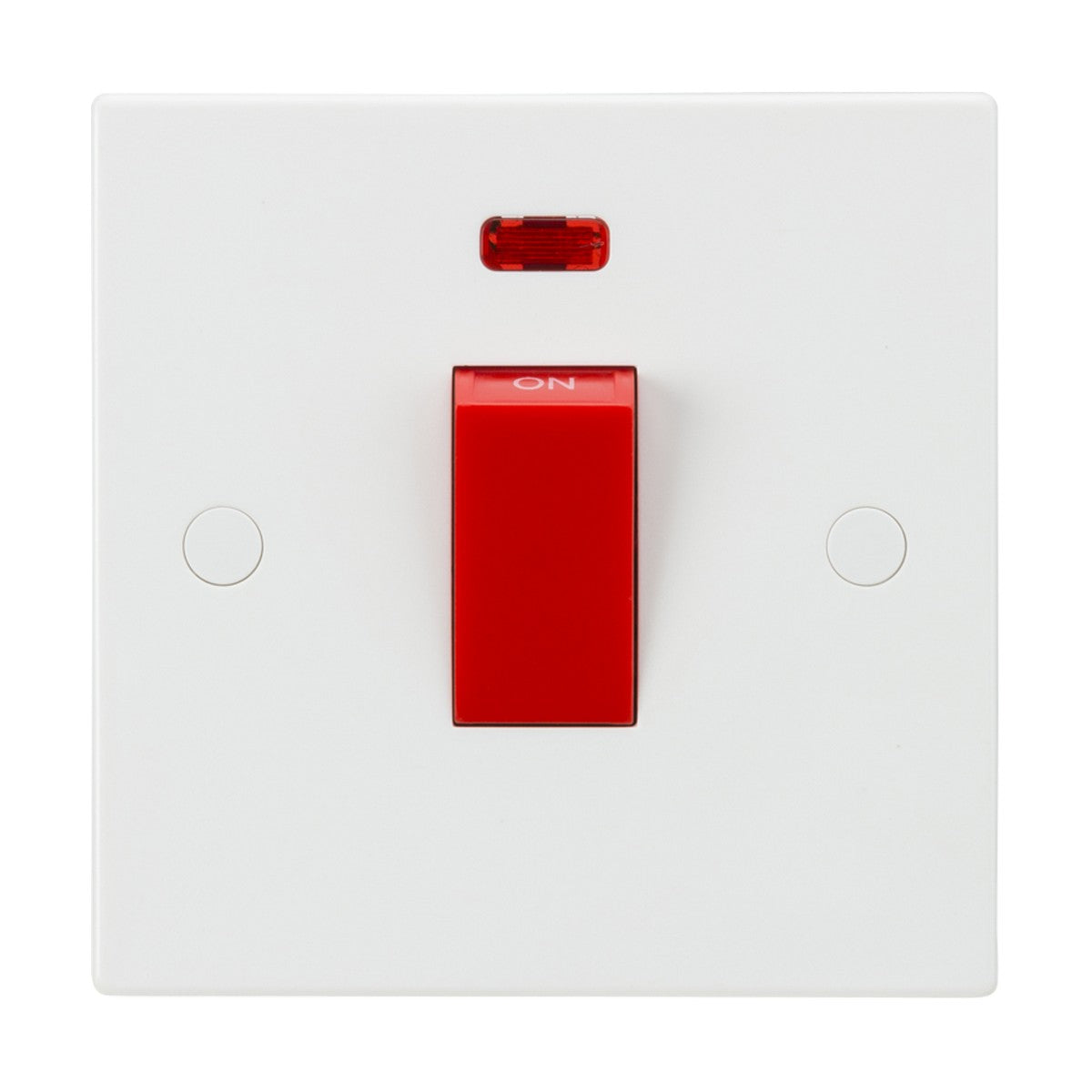 The 45A DP Switch Neon (1 Gang Size) - Red Rocker (Square Edge) is a white electrical switch panel showcasing a prominent red double pole switch in the center with an "ON" label. It features a small neon indicator light above the switch, enhancing its functionality.