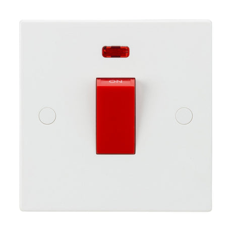 The 45A DP Switch Neon (1 Gang Size) - Red Rocker (Square Edge) is a white electrical switch panel showcasing a prominent red double pole switch in the center with an "ON" label. It features a small neon indicator light above the switch, enhancing its functionality.