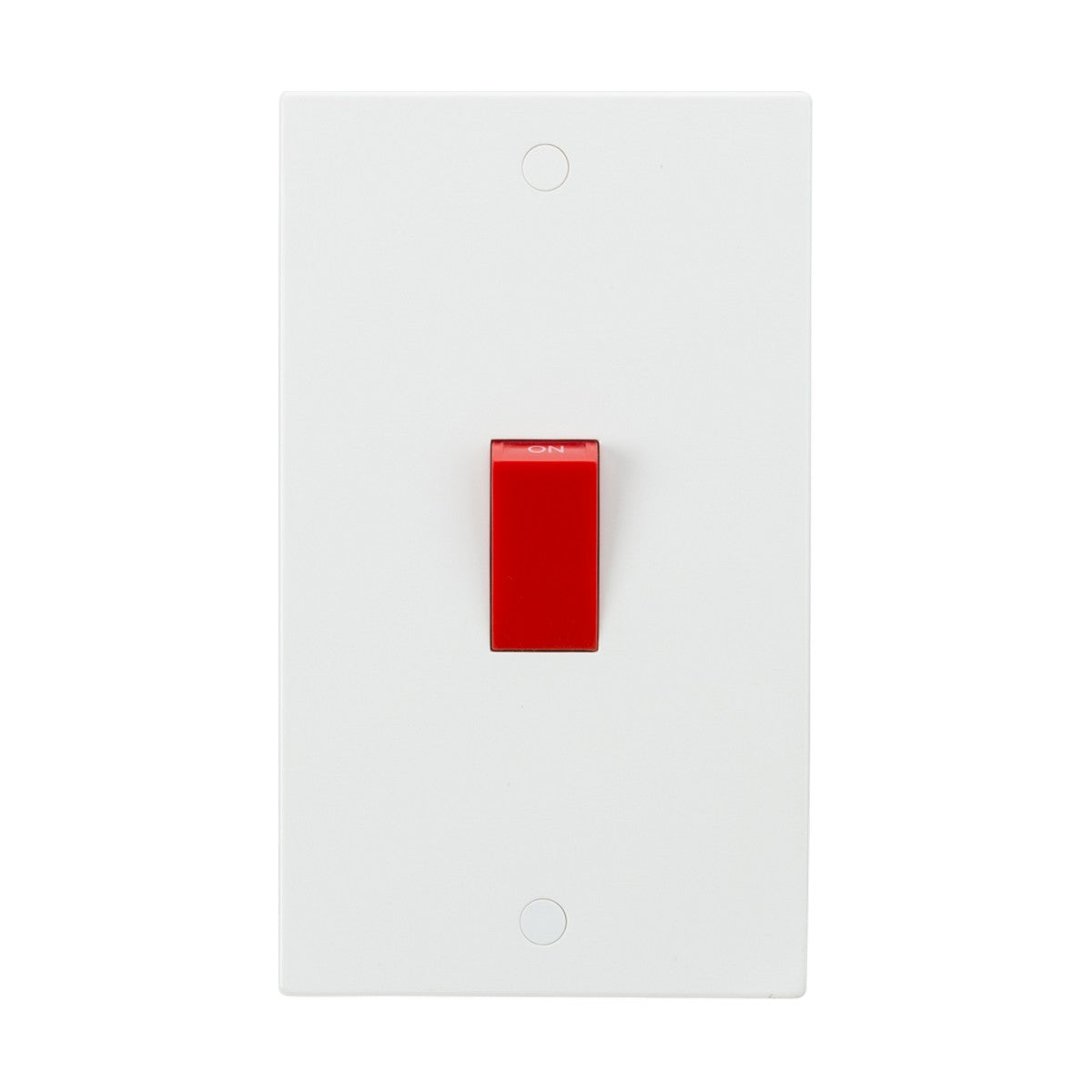 The 45A DP Switch (2 Gang Size) - Red Rocker (Square Edge) is depicted with its distinctive red toggle in the on position. Mounted against a plain white background, the design emphasizes its sleek, white finish.