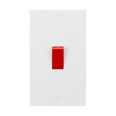 The 45A DP Switch (2 Gang Size) - Red Rocker (Square Edge) is depicted with its distinctive red toggle in the on position. Mounted against a plain white background, the design emphasizes its sleek, white finish.