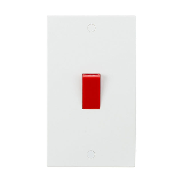 The 45A DP Switch (2 Gang Size) - Red Rocker (Square Edge) is depicted with its distinctive red toggle in the on position. Mounted against a plain white background, the design emphasizes its sleek, white finish.