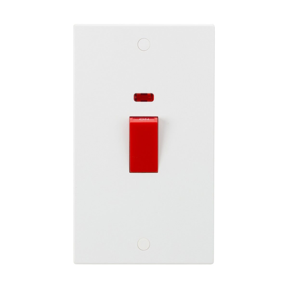 The 45A DP Switch Neon (2 Gang Size) - Red Rocker (Square Edge) is a white electrical switch panel with a prominent red double pole switch in the center. It features a small neon indicator light above the switch and is designed with rounded corners, including two small screw holes located at the top and bottom.