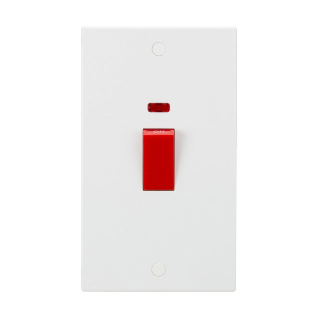 The 45A DP Switch Neon (2 Gang Size) - Red Rocker (Square Edge) is a white electrical switch panel with a prominent red double pole switch in the center. It features a small neon indicator light above the switch and is designed with rounded corners, including two small screw holes located at the top and bottom.