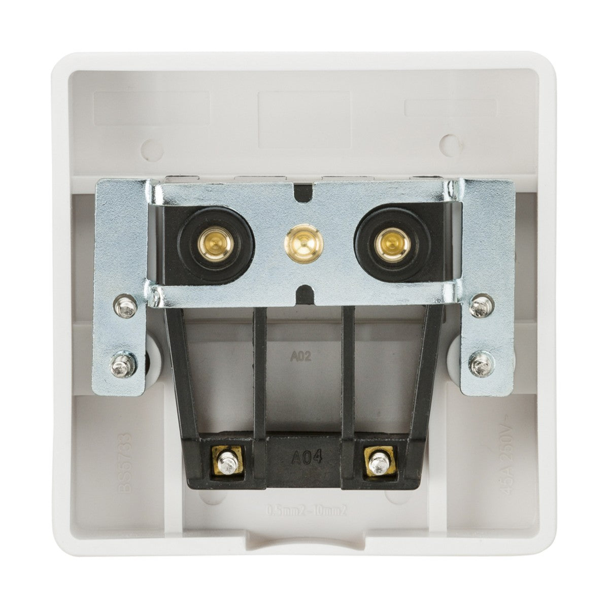 Close-up of a 45A Cooker Connection Unit (Square Edge) with two circular sockets, mounted on a white rectangular panel. Featuring concealed fitting for a sleek look, the wiring connections and screws are visible at the back of the unit.