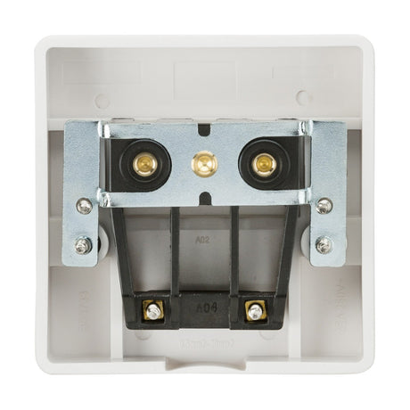 Close-up of a 45A Cooker Connection Unit (Square Edge) with two circular sockets, mounted on a white rectangular panel. Featuring concealed fitting for a sleek look, the wiring connections and screws are visible at the back of the unit.