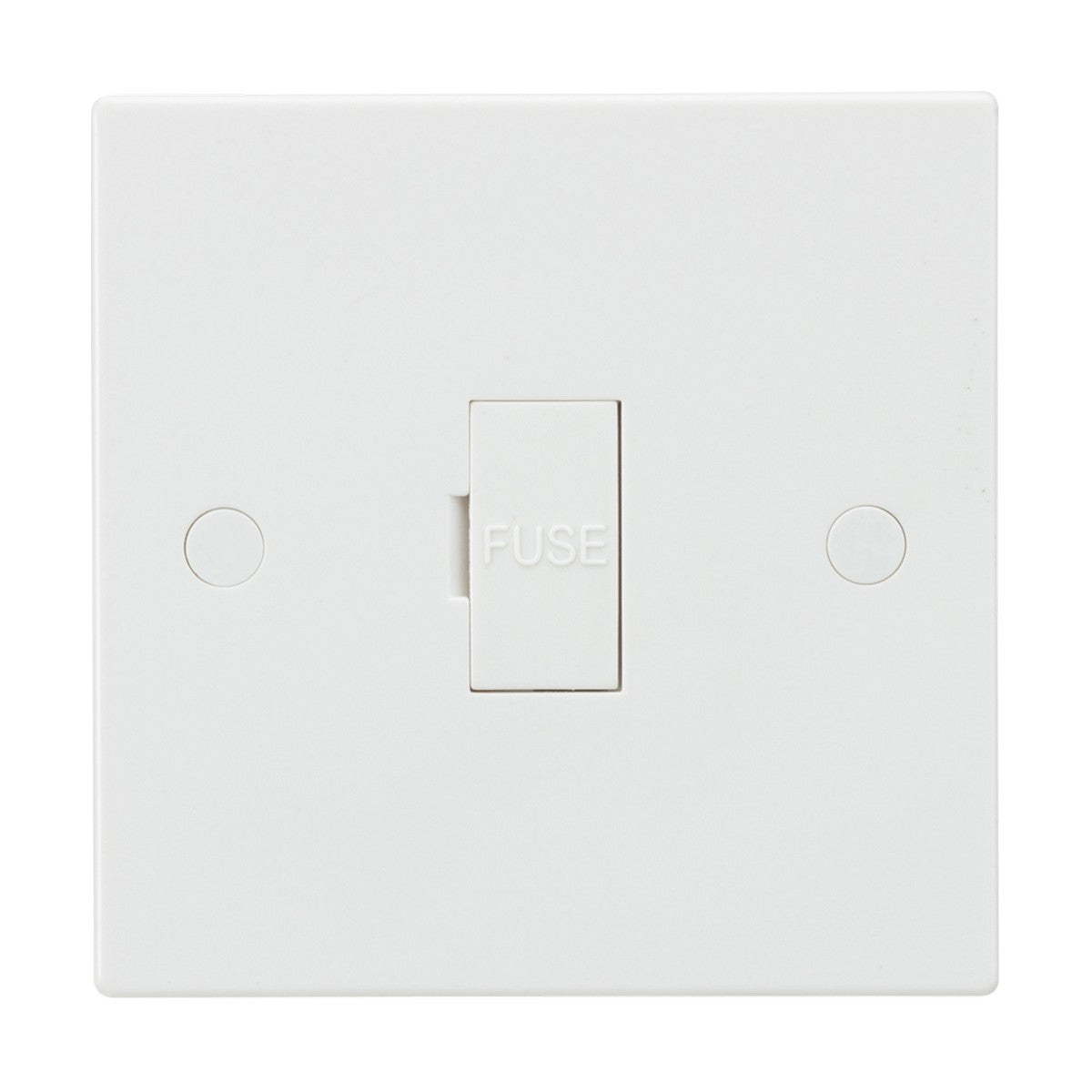 The 13A Fused Spur Unit (Square Edge) is a minimalist electrical switch crafted from durable thermoset resin. It features the word "FUSE" and is centered on a square white panel that seamlessly integrates with any interior.