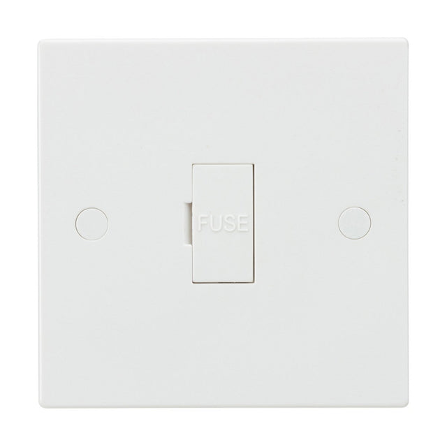 The 13A Fused Spur Unit (Square Edge) is a minimalist electrical switch crafted from durable thermoset resin. It features the word "FUSE" and is centered on a square white panel that seamlessly integrates with any interior.