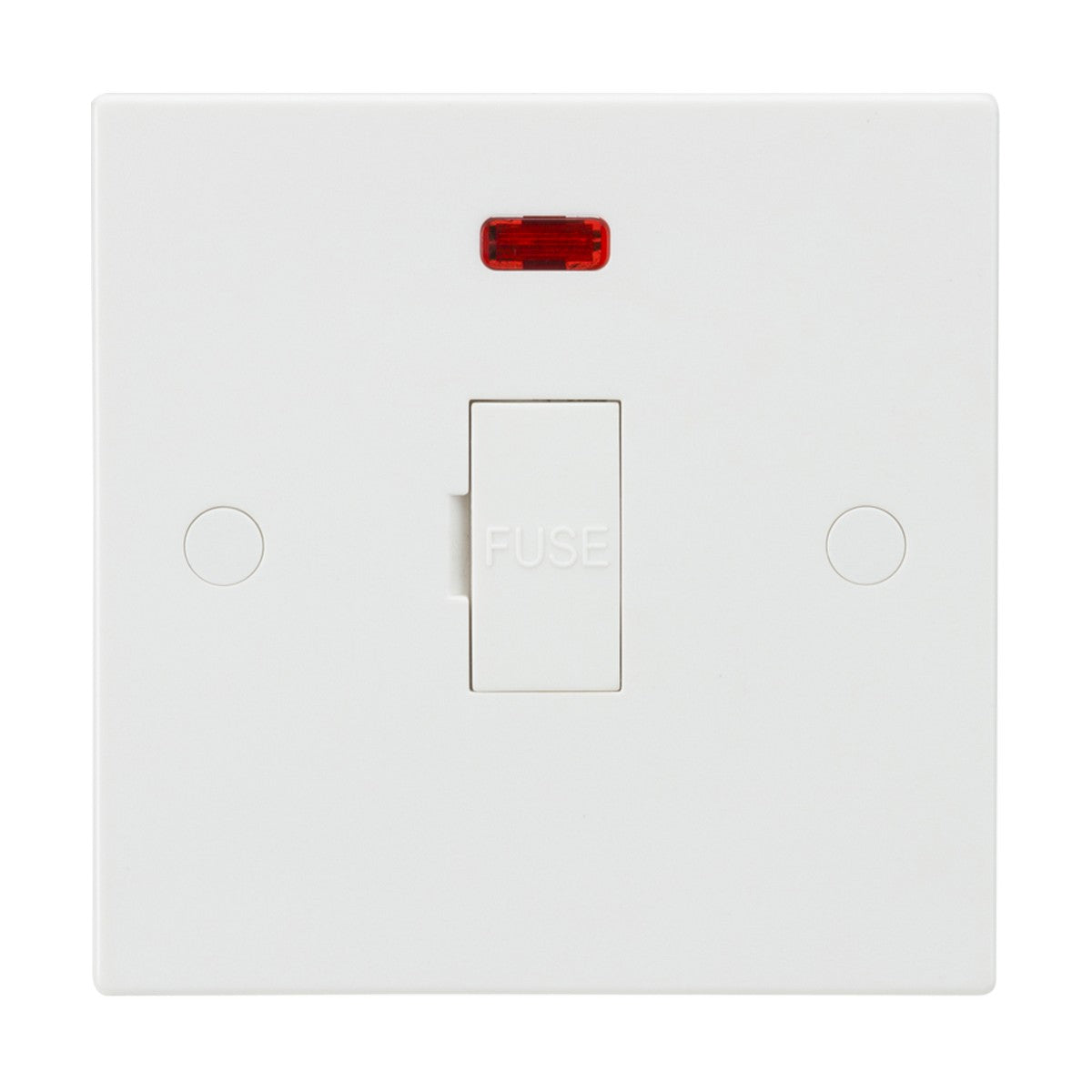 The 13A Fused Spur Unit Neon (Square Edge) from Knightsbridge is a white electrical switch that features a red indicator light at the top and embossed "FUSE" text in the center. Designed with anti-microbial protection, this fused spur includes a switch plate with two small screw holes, ensuring both functionality and cleanliness.