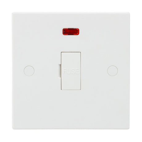 The 13A Fused Spur Unit Neon (Square Edge) from Knightsbridge is a white electrical switch that features a red indicator light at the top and embossed "FUSE" text in the center. Designed with anti-microbial protection, this fused spur includes a switch plate with two small screw holes, ensuring both functionality and cleanliness.