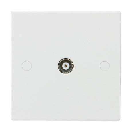 The TV Outlet (Non-Isolated, Square Edge) is designed for coaxial cable connections, featuring a single circular port in the center and offering anti-microbial properties for enhanced hygiene against a plain background. It is perfect for your Coaxial TV outlet needs.