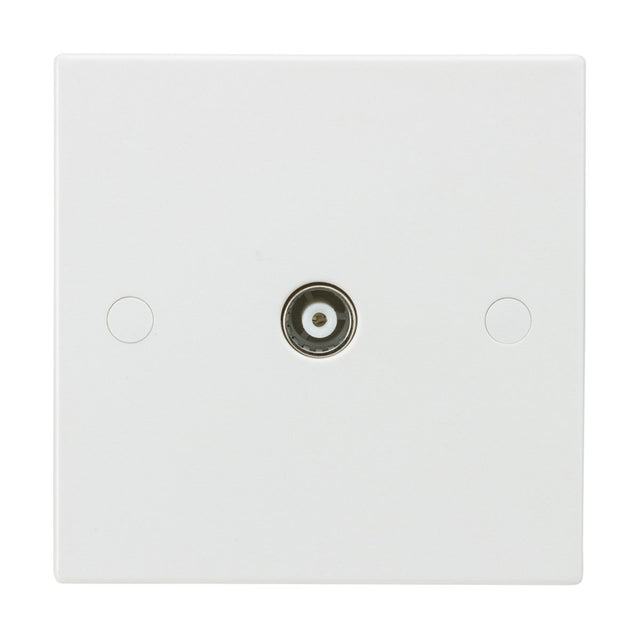 The TV Outlet (Non-Isolated, Square Edge) is designed for coaxial cable connections, featuring a single circular port in the center and offering anti-microbial properties for enhanced hygiene against a plain background. It is perfect for your Coaxial TV outlet needs.