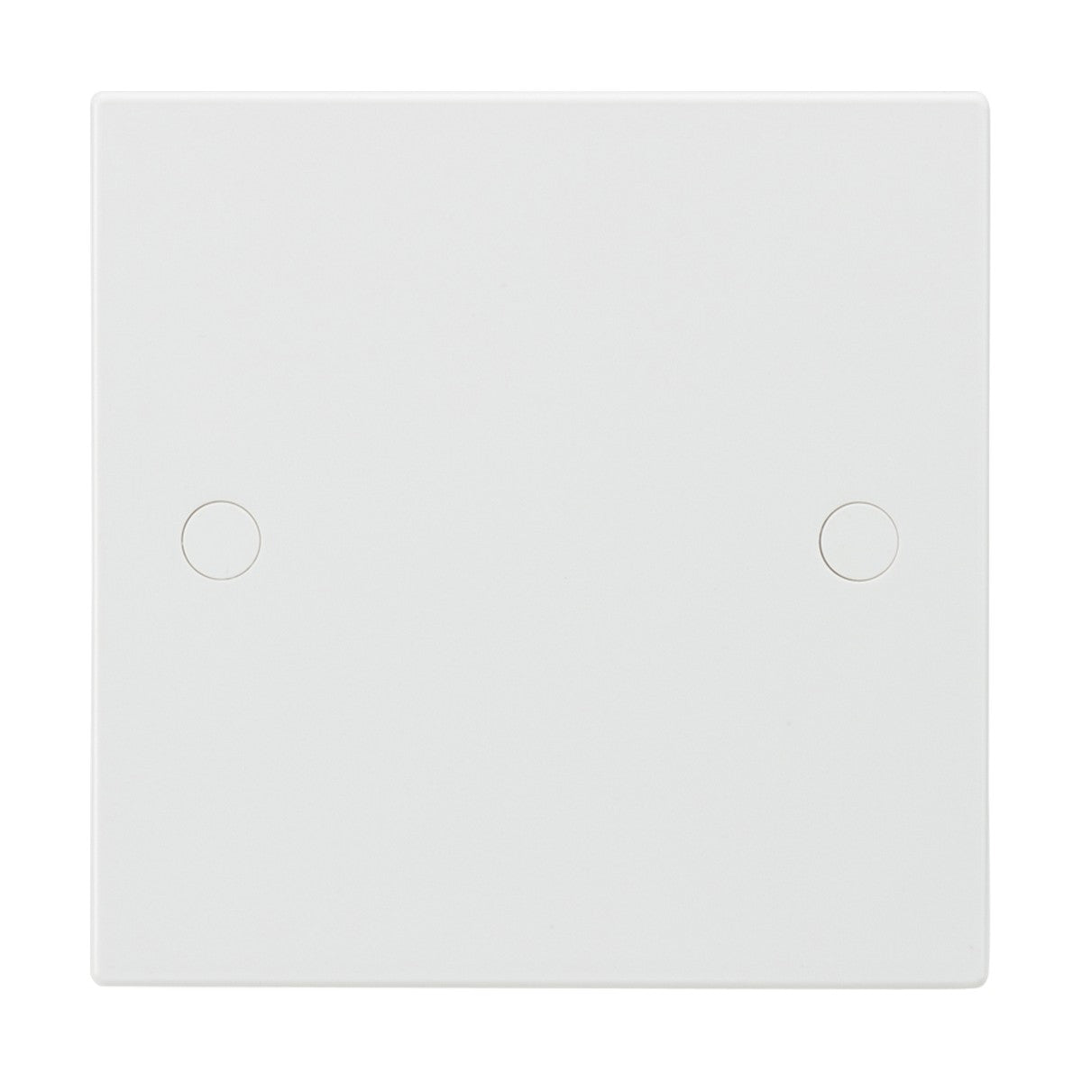 The 1 Gang Blanking Plate (Square Edge) is a plain white electrical wall plate made from thermoset resin, featuring two small, circular indents. It is designed to cover switches or outlets and offers anti-microbial properties for a cleaner environment.