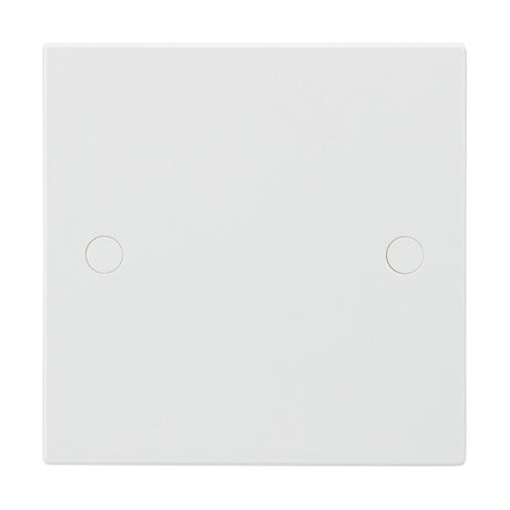 The 1 Gang Blanking Plate (Square Edge) is a plain white electrical wall plate made from thermoset resin, featuring two small, circular indents. It is designed to cover switches or outlets and offers anti-microbial properties for a cleaner environment.