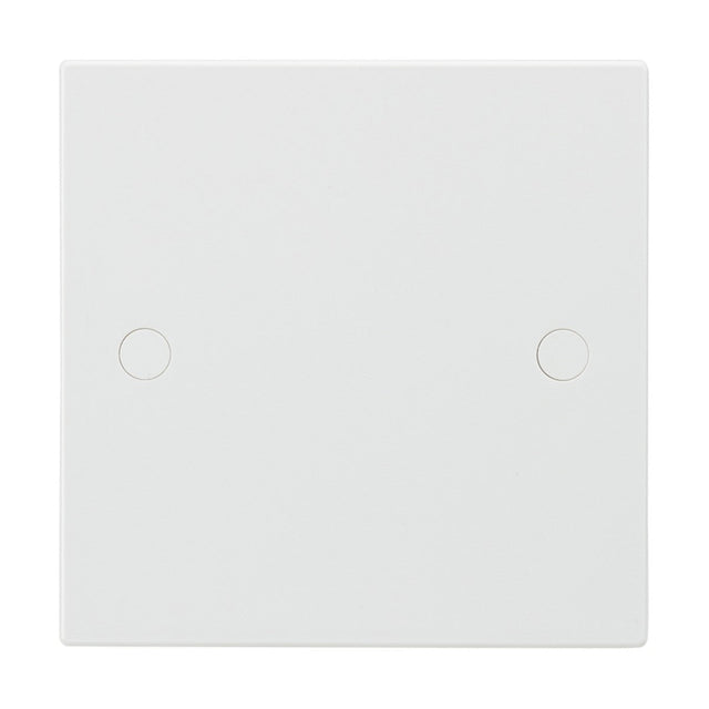 The 1 Gang Blanking Plate (Square Edge) is a plain white electrical wall plate made from thermoset resin, featuring two small, circular indents. It is designed to cover switches or outlets and offers anti-microbial properties for a cleaner environment.