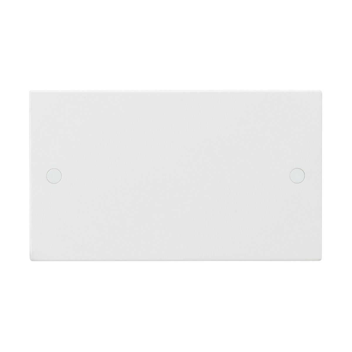 A 2 Gang Blanking Plate (Square Edge) in plain white with a rectangular shape, featuring two small circular indentations for screws on the left and right sides, crafted from durable thermoset resin.