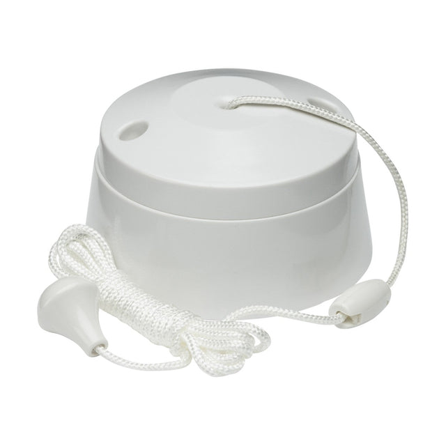 The 10AX 1-Way Pull Cord Switch features a round white base and a lengthy white braided cord that connects to a teardrop-shaped handle, making it perfect for utility rooms or bathrooms where it's commonly used for managing ceiling lights or fans.