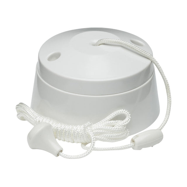 The 10AX 2-Way Pull Cord Switch in white features a round base, long cord with teardrop handle, and small connector made from durable thermoset resin, making it ideal for controlling lighting in bathrooms or moisture-prone areas.