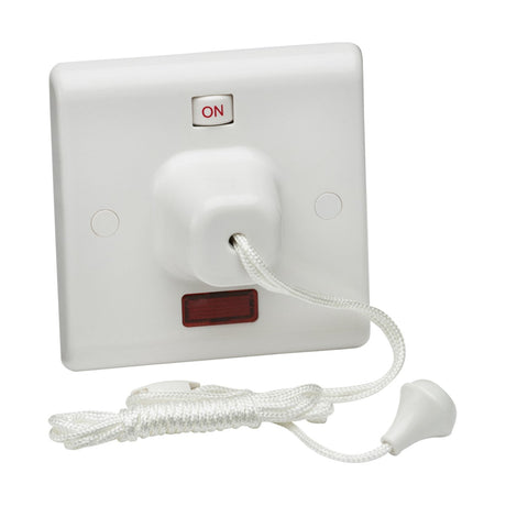 The 45A DP Pull Cord Switch Neon and Mechanical On/Off is a white pull cord switch featuring a square base and a red ON label, making it ideal for electric showers. Its double pole design ensures safety and reliability, while the durable cord with grip allows for easy operation.