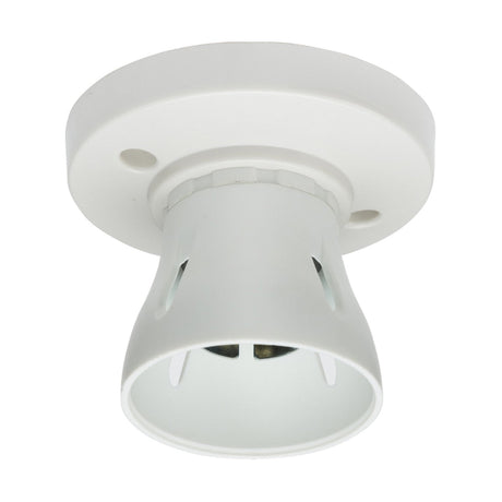 The HO BC Batten Holder is a white ceiling light socket featuring a cylindrical base with two holes for mounting. This LED lampholder is crafted to securely hold a light bulb and is captured in photos from a slightly angled perspective against a plain background.