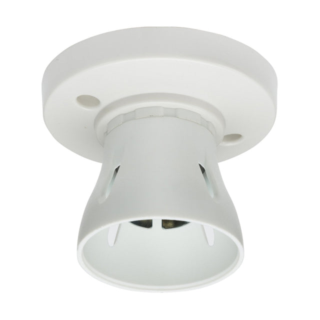 The HO BC Batten Holder is a white ceiling light socket featuring a cylindrical base with two holes for mounting. This LED lampholder is crafted to securely hold a light bulb and is captured in photos from a slightly angled perspective against a plain background.